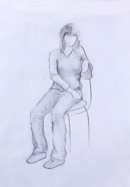 Sitting figure woman, crayon sketch on paper. — Stock Photo, Image
