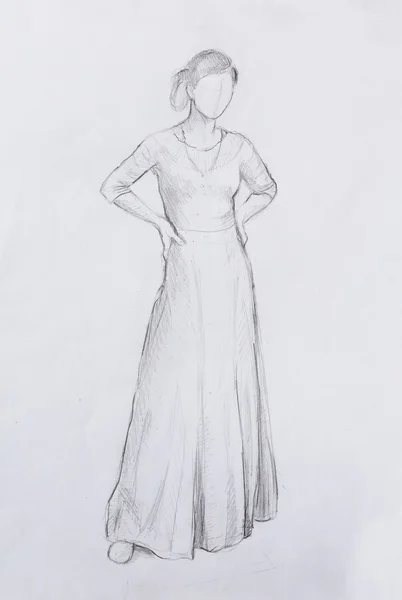 Sketsa wanita mistis dengan gaun ornamental yang indah terinspirasi oleh desain usia pertengahan, dengan latar belakang putih . — Stok Foto