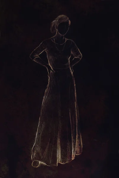 Náčrt mystické ženy v krásné okrasné šatech inspirovaných design středního věku, s černým pozadím. — Stock fotografie