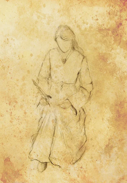 Sketch of woman in historical dress, writing quill pen. Old paper background. — Stok fotoğraf