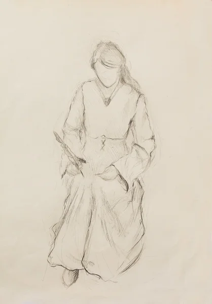 Esboço de mulher em vestido histórico, escrevendo caneta pena . — Fotografia de Stock