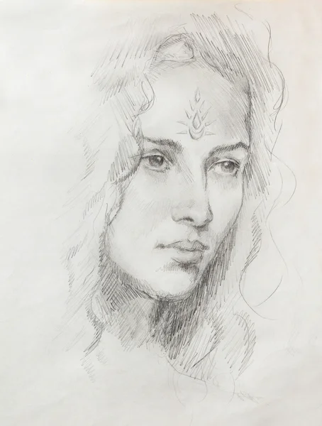 Rita porträtt ung kvinna med ornament på ansikte, färg målning på abstrakt bakgrund, dator collage. — Stockfoto