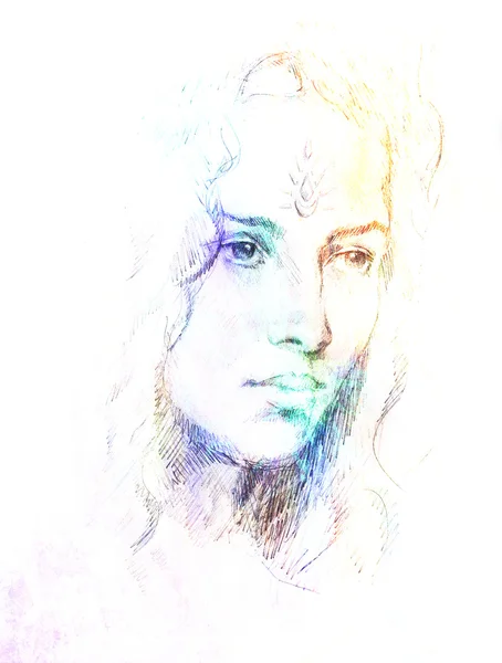 Desenho retrato Jovem mulher com ornamento no rosto, pintura a cores em fundo abstrato, colagem de computador . — Fotografia de Stock