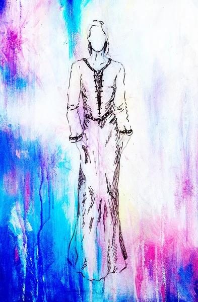 Boceto de mujer mística en hermoso vestido ornamental inspirado en el diseño de mediana edad, con manchas de color de fondo . — Foto de Stock