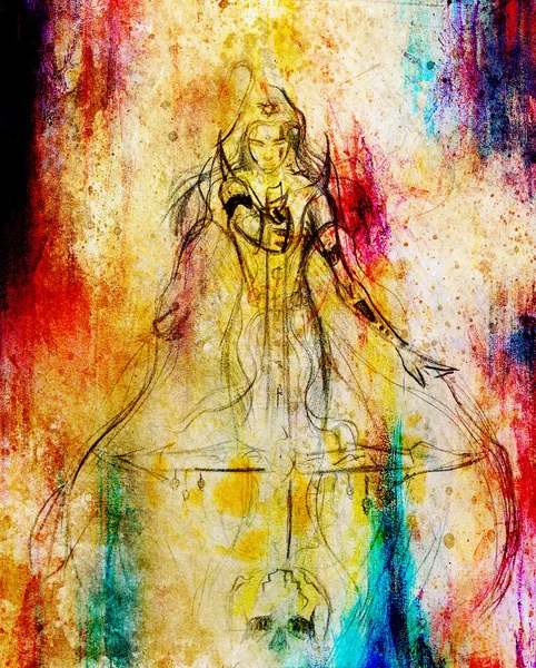 Bleistiftzeichnung auf altem Papier. Frau aufgepasst. und Farbflecken auf dem Hintergrund. — Stockfoto
