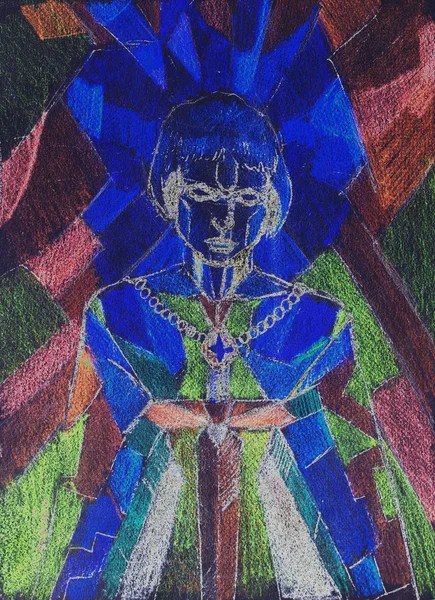 Painting on old paper. Mosaic color background. Joan of Arc symbolic. Warrior woman concept. Woman with sword. — Stock fotografie