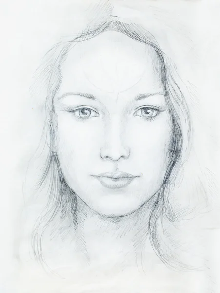 Zeichnung Porträt einer jungen Frau mit Ornament im Gesicht, schwarz-weiß. Blickkontakt. — Stockfoto