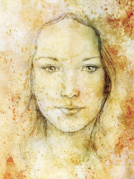 Dessin portrait Jeune femme avec ornement sur le visage, structure en papier vintage et couleur sépia. Contact visuel . — Photo