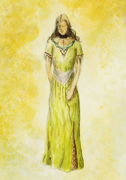 Vázlat a misztikus nő gyönyörű díszítő ruha ihlette középkorú design. — Stock Fotó