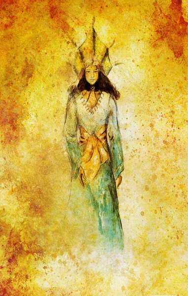Эскиз мистической женщины в красивом декоративном платье, вдохновленный дизайном среднего возраста. — стоковое фото