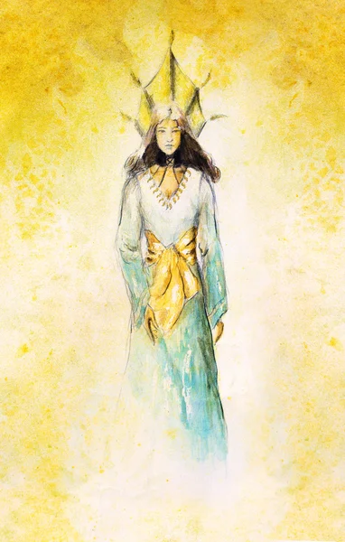 Boceto de mujer mística en hermoso vestido ornamental inspirado en el diseño de mediana edad. — Foto de Stock