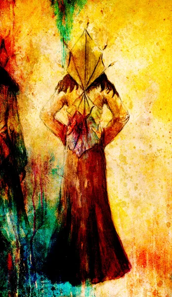 Σκίτσο της μυστικιστικής γυναίκας σε όμορφο διακοσμητικό φόρεμα εμπνευσμένο από το σχέδιο μέσης ηλικίας. — Φωτογραφία Αρχείου