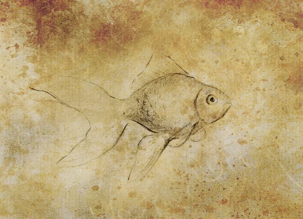 Goldfish sketch on paper background and soft ornament. vintage paper structure and sepia color. — Stock Photo, Image