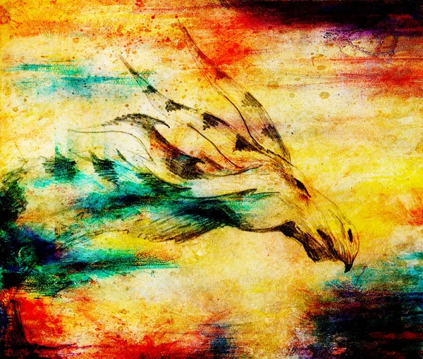 Dibujo a lápiz dragón sobre fondo de papel viejo y manchas de color . —  Fotos de Stock