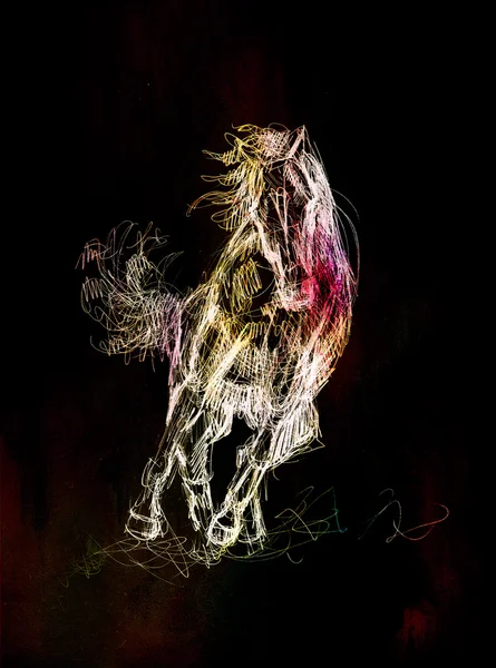 Draw pencil horse, original hand draw on black background, invert effect. — Stock Photo, Image