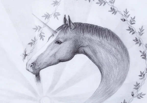 Dibuja unicornio y hermosa flor, dibujo original a mano . —  Fotos de Stock