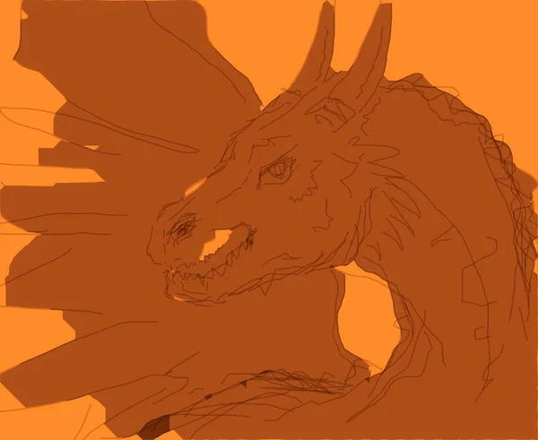 Sketch dragon, computer draw and orange background. — 스톡 사진