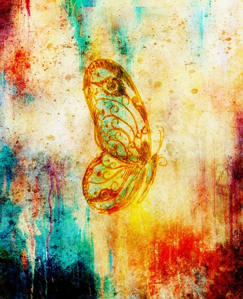 蝶、混合メディア、抽象的な色の背景のイラスト. — ストック写真