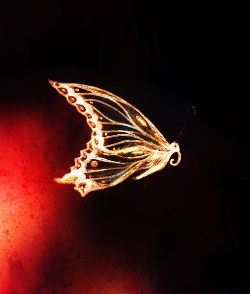 Light butterfly on black background, drawing and computer collage. — Stock Photo, Image