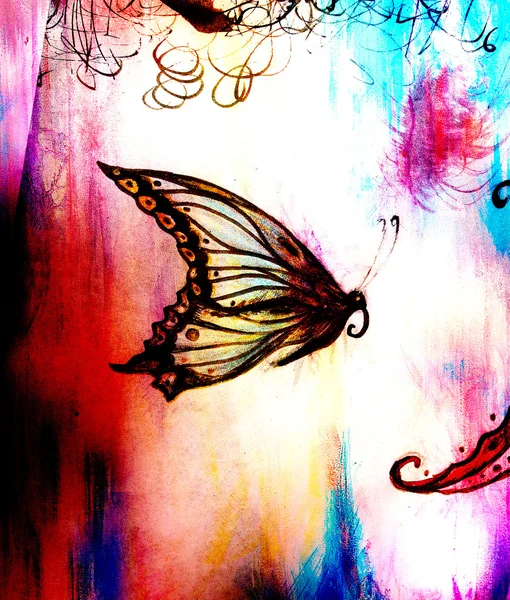 Illustration of a butterfly, mixed medium, abstract color background. — Stock Photo, Image