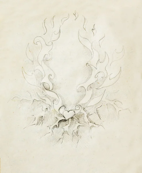 Beautiful Ornamental pencil drawing on old paper. Heart and fire with flash. — Stockfoto