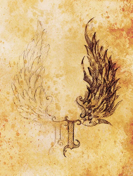 Dibujo a lápiz sobre papel viejo. alas de ángel y número de roma, alas de Dios y del Diablo. Color sepia . —  Fotos de Stock