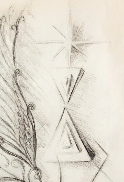 오래 된 종이, 모래 시계 균형 스케치 및 장식 드로잉 연필 — 스톡 사진