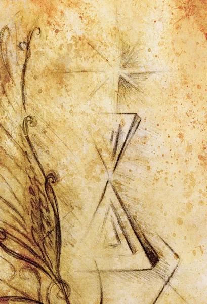 Disegno a matita su vecchia carta, clessidra Schizzo di equilibrio e ornamento — Foto Stock