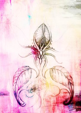 eski kağıt üzerine çizim kalem. Süs çiçek. Ve arka plan rengi lekeler.