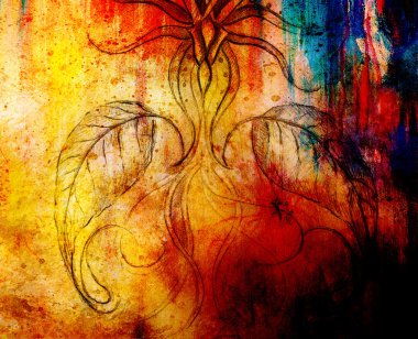 eski kağıt üzerine çizim kalem. Süs çiçek. Ve arka plan rengi lekeler.