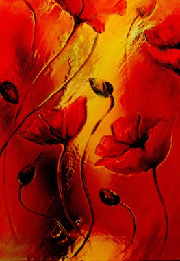 Turuncu arka planda kırmızı haşhaş. Kırmızı gelincikler. Soyut renk arkaplanı üzerinde kırmızı çiçek