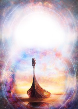 Viking tekne sahilde sahilde kolaj ve yapısı arka plan boyama. Kopya alanı.