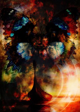Boat and woman with butterfly and ornamental mandala.  painting on canvas, Boat with wood dragon .Structure background, red, orange, yellow, black, violet and blue color. Color painting.