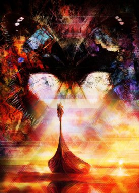 Viking Boat on the beach and butterfly.  Boat with wood dragon. Structure background, red, orange, yellow, black and blue color. Color painting. With light triangle structure.