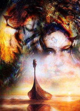 Viking Boat on the beach, and lion head, collage painting on canvas, Boat with wood dragon. structure background, red, orange, yellow and black color.