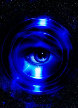 Woman eye and cosmic space, with light circle.