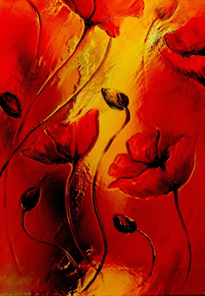 Amapola roja sobre fondo naranja. Amapolas rojas. Flor roja sobre fondo de color abstracto —  Fotos de Stock