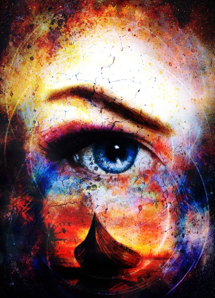 Boat on the beach and woman eye. Structure background, Color painting collage.