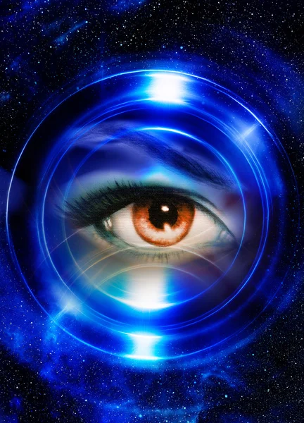 Woman eye and cosmic space, with light circle. blue color. — Stock Photo, Image