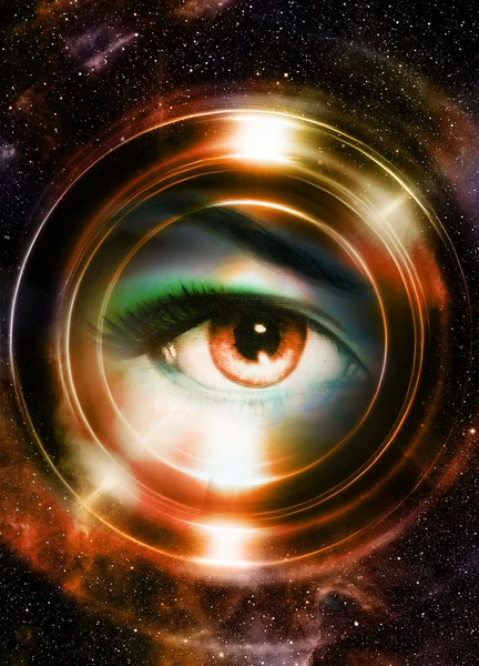 Woman eye and cosmic space, with light circle. Sepia color. — Stockfoto