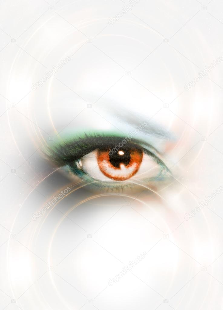 Woman eye and white background. Copy space.