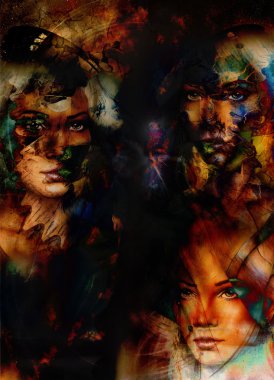 Woman collage, color abstract background with spots. Painting collage.