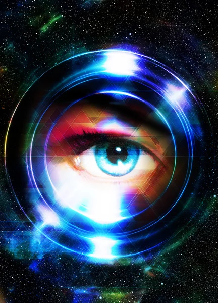 Woman eye and cosmic space, with light circle. Original painting collage. Eye contact. With light triangle structure. — 图库照片