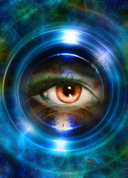 Woman eye and cosmic space, with light circle. blue color