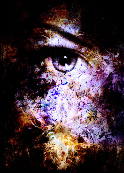 Woman eye and mandala, Abstract color background and desert crackle
