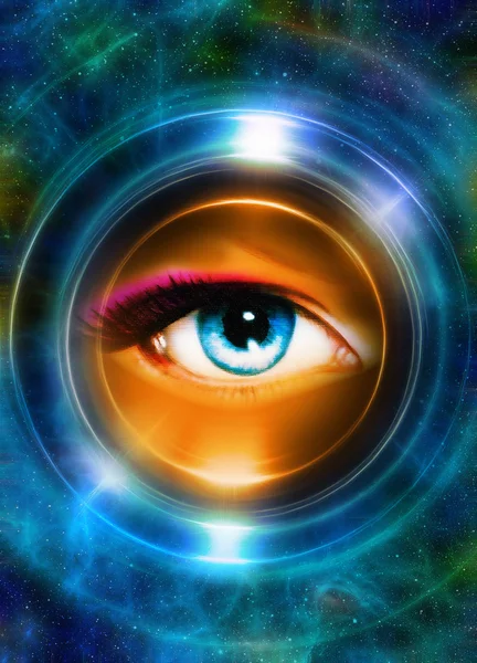 Vrouw oog en kosmische ruimte, met lichte cirkel. blauwe kleur. — Stockfoto