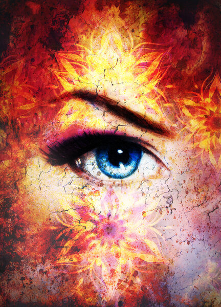 Woman eye and mandala, Abstract color background and desert crackle