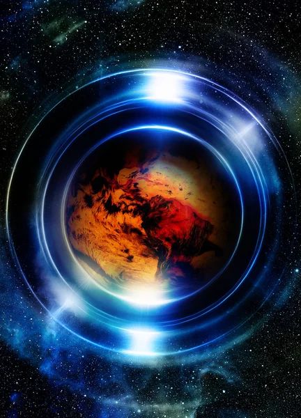 Planet jord i ljuscirkeln, kosmisk Space bakgrund. Datorkollage. Jordkoncept. Delar av denna bild tillhandahålls av NASA. — Stockfoto