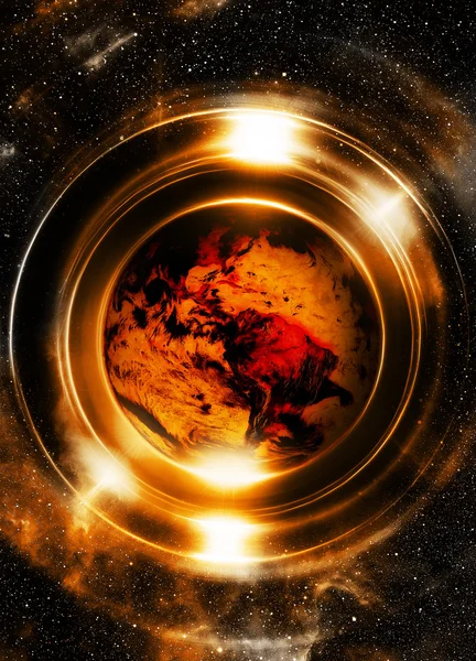 Planeet aarde in lichtcirkel, Kosmische Ruimte achtergrond. Computer collage. Aardeconcept. Elementen van deze afbeelding geleverd door NASA. — Stockfoto