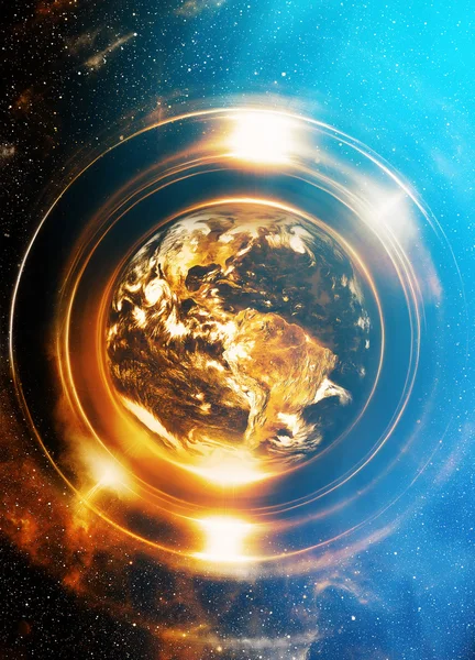 Planeet Aarde in lichte cirkel, Kosmische Ruimte achtergrond. Computer collage. Aardeconcept. Planeet aarde in lichtstralen. Elementen van deze afbeelding geleverd door NASA. — Stockfoto